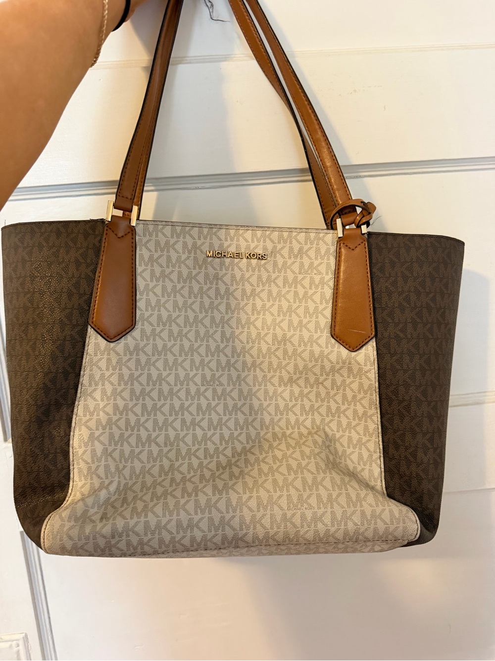 Michael Kors Signature MK Logo Tote Bag in Brown and Cream